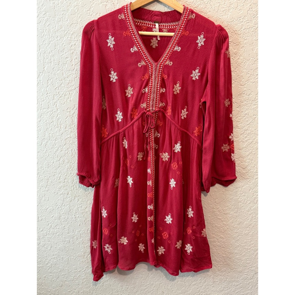 Free People Embroidered Fable Mini Dress XS Red Boho Peasant Long Sleeve